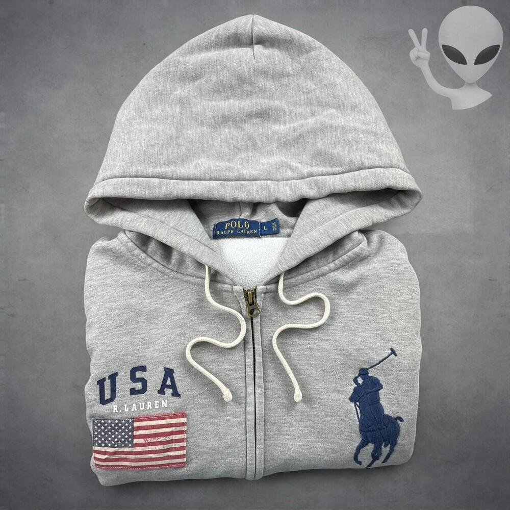 Polo Ralph Lauren Full Zip Hoodie Large Grey USA Big Pony Jacket Vintage 90s - Picture 1 of 6